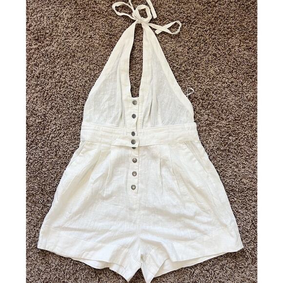 Free People NWT Ivory Linen Blend M Halter Boho Romper Button Front Summer - Picture 2 of 9